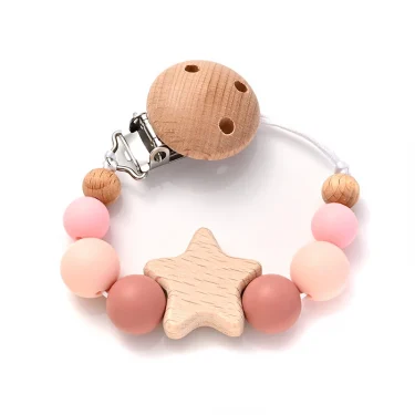 Baby Pacifier Chain Clips Wood Pentagram Teether Silicone Round Beads Teething Chain For Baby Care Soother Chew Toys Shower Gift 5