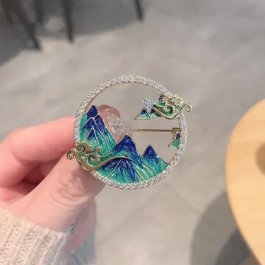 Vintage Chinese Style Round Landscape Painting Brooch For Women Mountain Shaped Tassel Rhinestone Lapel Pins Clothes Accessories 1