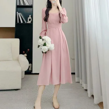 Spring Autumn Solid Color Square Collar Long Sleeve Midi Dress Women High Street Button Patchwork Dresses Elegant Vintage Robe 2