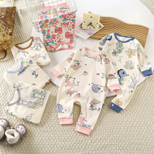 Autumn Newborn Girl Rompers Cotton Animal Printed Long Sleeve Baby Girl Bodysuits Loose Soft Kid Infant Girl Sleepwear Jumpsuits 1