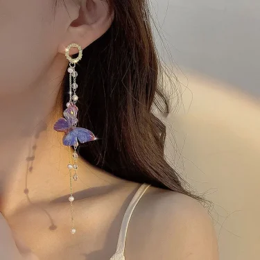 New Luxury Women Zircon Crystal Pearls Long Tassel Butterfly Earrings Stud Dangle Jewelry Gifts 2
