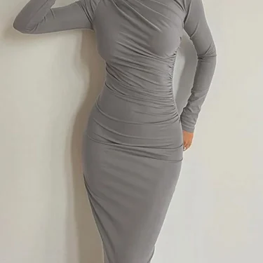 Women Elegant Solid Black Bodycon Maxi Dress Long Sleeve Lady O-neck Evening Party Vestidos Robe 2