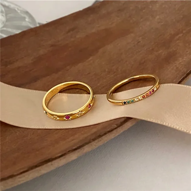 2PCS/Set Stainless Steel Rainbow Color Cubic Zircon Stone Finger Rings for Women INS Gold Color Waterproof Stars Ring Jewelry 5