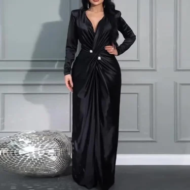 Autumn Long Sleeved Solid Banquet Dress Elegant Temperament V Neck Slim Party Dress Lady Fashion Twisted High Waist Office Dress 4