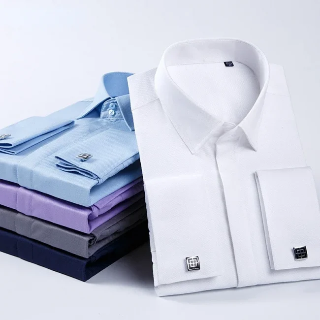 Spring Autumn Men's French Cufflinks Business Dress Shirt Sleeve Pin Solid Color Non-iron Shirts Slim Fit Party Men's Wear 3