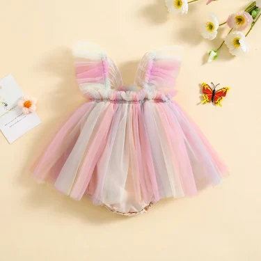 Infant Girl Rompers Dress Embroidery Butterfly Wing Fly Sleeve Rainbow Color Tulle Skirt Jumpsuits Clothes Baby Summer Clothing 3