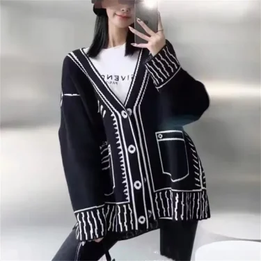 Knitted Spell Color Cardigan Coat Autumn and Winter Black and White Silhouette Loose Lazy Cardigan Coat Knitted Top Woman 2