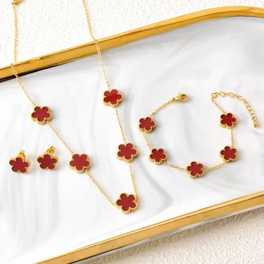 Hot Selling Plum Blossom Plant Five Leaf Flower Jewelry Set Bracelet Necklace Earrings Women Stainless Steel High Quality Clover 4