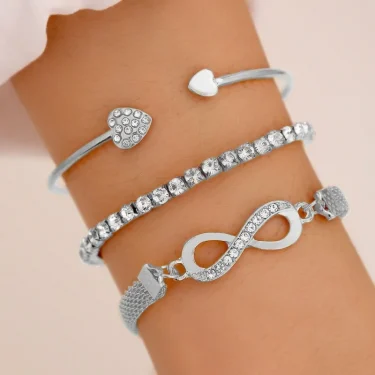Vintage Set Silver Color Crystal Rhinestone Heart Bracelets for Women Fashion Geometric Adjustable Infinity Cuff Bangle Jewelry 2