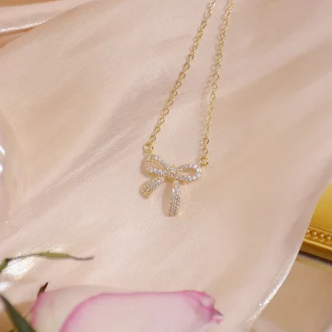 Exquisite copper inlaid zirconium sweet bow pendant necklace real gold plated sexy women prom party necklace Korean jewelry 4