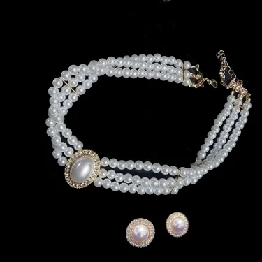 KMVEXO Vintage Palace Multilayer Pearl Choker Necklace Earrings Sets for Women Oval Crystal Rhinestone Wedding Bride Jewelry Set 6