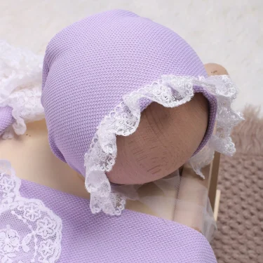 Ylsteed Newborn Girl Lace Jumpsuit Hat Set Violet Infant Picture Outfits Baby Photo Props Baby PhotoShoot Props 5