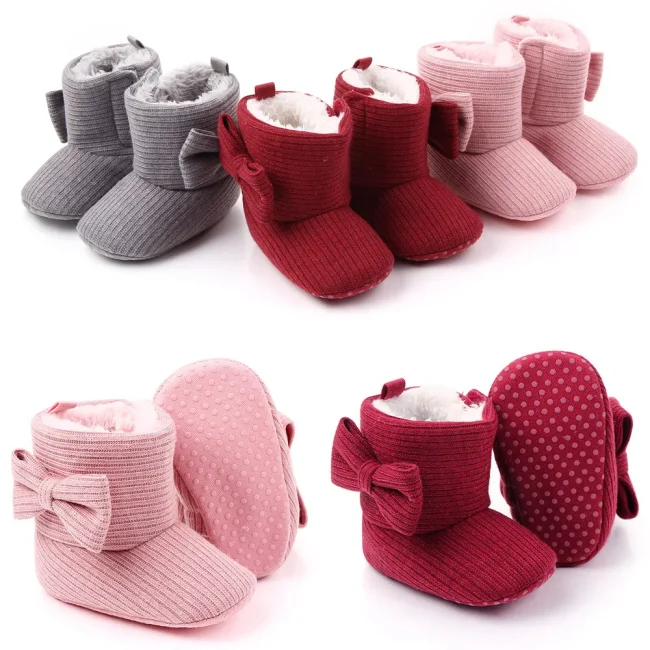 Baby Ankle-covered Boots Cute Bowknot Warm Lining Winter Infant First Walking Shoes for Baby Girls Soft Cotton Sole Baby Likes 2