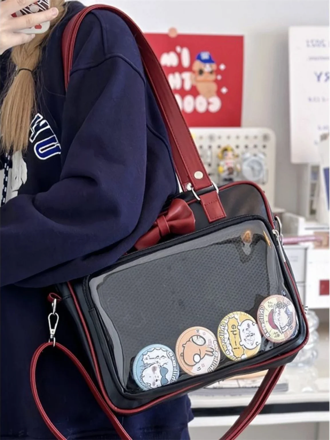 Japanese Style Kawaii PU Leather Itabag Women Transparent Pocket Bowknot Lolita Shoulder Bag Tote Handbags Women Ita Bag JK Girl 2