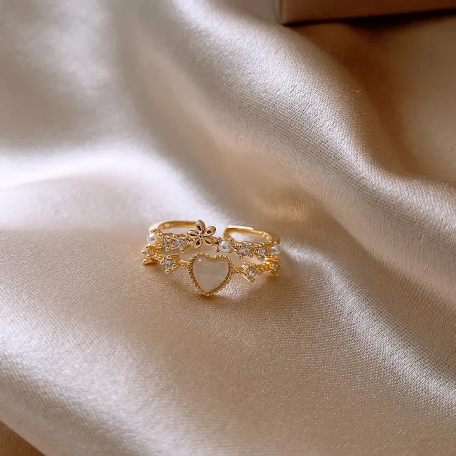 Korea's new fashion jewelry 14K gold plated simple double love crystal ring elegant women's daily opening ring accessories 6