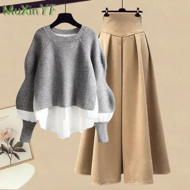 2023 Autumn/Winter New Korean Elegant Splice Fake Two Piece Knitted Sweater Dress Matching Set Women's Chic Pullover Skirt Set 6