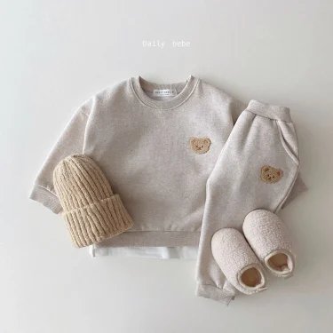 Baby Bear Embroidery Fleece Pullover Set Sweatshirt Tops+Harem Jogger Pants Suits 2pcs Girls Boys Lined Clothes 2