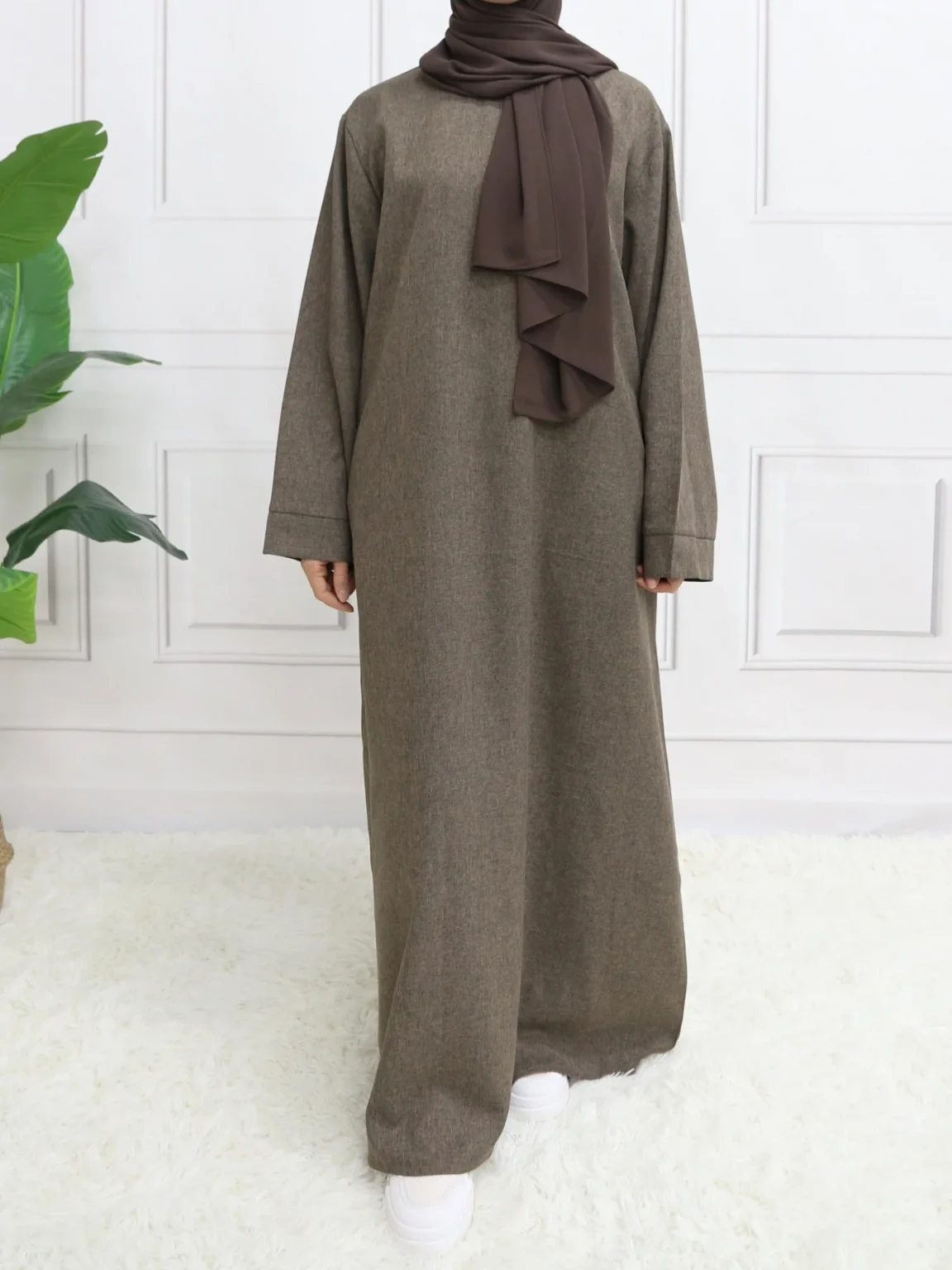 Modest Closed Plain Long Sleeve Abaya Without Hijab With Belt Basic Islamic Eid Clothes Dress 3