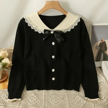 Neploe Elegant Sweet Lapel Neck Bow Cardigans 2024 Autumn Fashion Sweaters Women Y2k Single Breasted Bottoming Knitted Tops 2