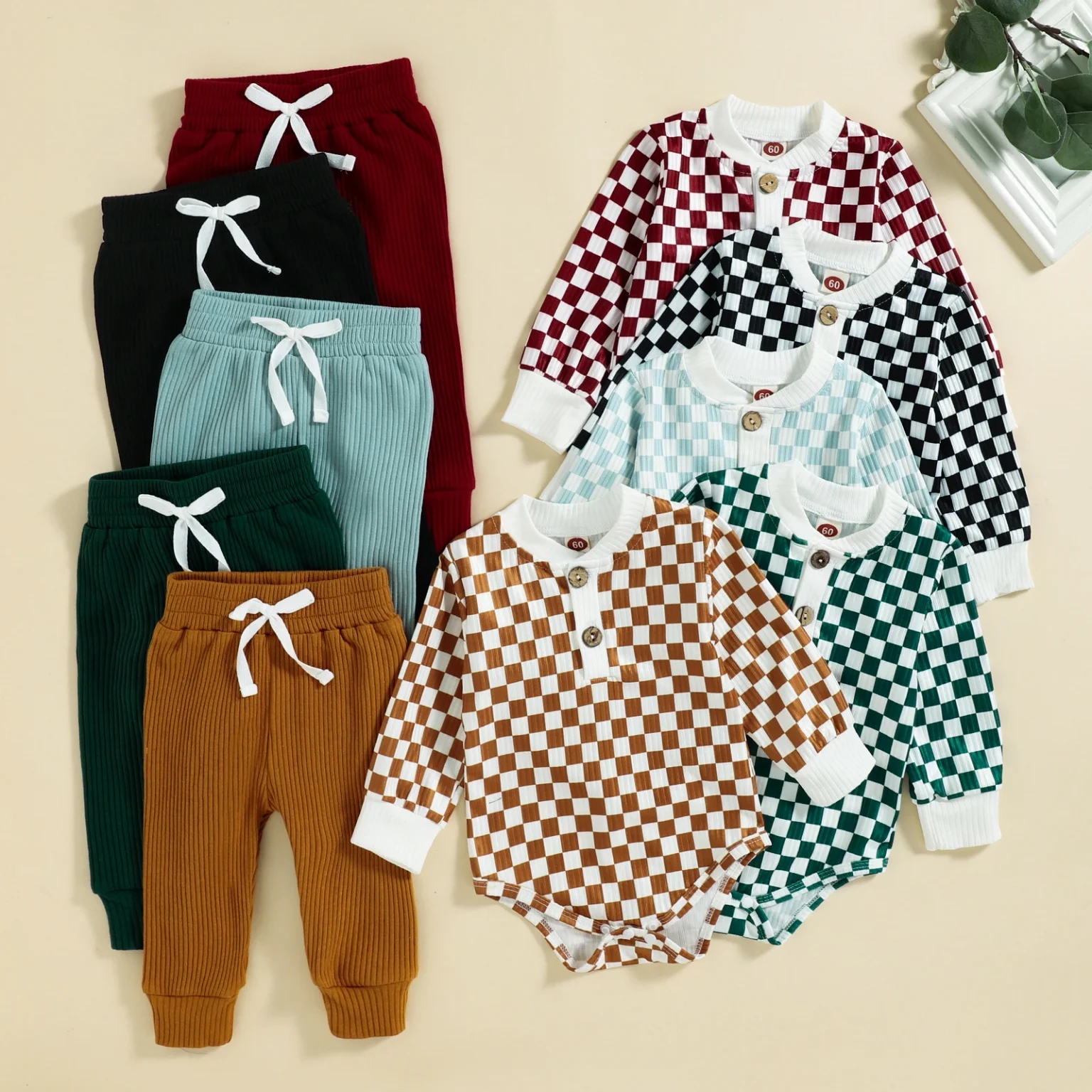 2PCS Autumn Boys And Babies Aged 0-2 Years Old Casual Fashionable Checkerboard Long-Sleeved Top + Solid Color Pants Set 1