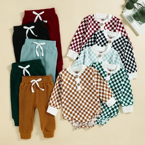 2PCS Autumn Boys And Babies Aged 0-2 Years Old Casual Fashionable Checkerboard Long-Sleeved Top + Solid Color Pants Set 1