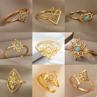 Stainless Steel Lotus Flower Ring for Women Gold Color Vintage Stone Opal Oval Flower Ring Fashion Aesthetic Jewelry Gift 1
