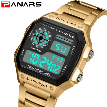 PANARS Top Luxury Stainless Steel Strap Sport Watches Men Waterproof Back Light Digital Wristwatch Male Alarm Trendy and Fashion 5