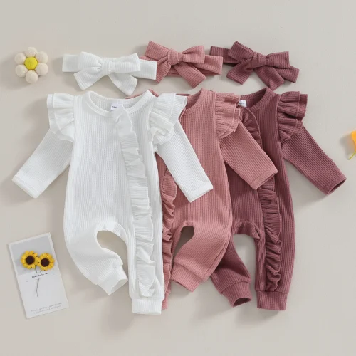 Pudcoco Infant Baby Girl Autumn Jumpsuit Solid Color Round Neck Flying Sleeve Ruffled Zipper Romper with Bow Headband 0-12M 1