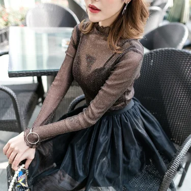 Women Fashion T-Shirts Tulle Mesh Versatile Long Sleeve Ladies Printed Tops Casual Thin Base Blouses Lace Sheer Blouses 6