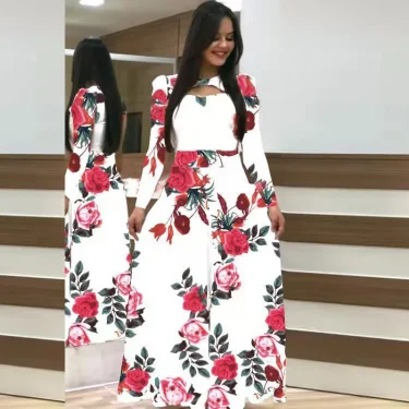 Spring /Autumn Fashion Flower Long Sleeved O-Neck Hollow Slim Fit Dress Women Elegant Long Vestido Maxi Clothes Robe Sexy Femme 5