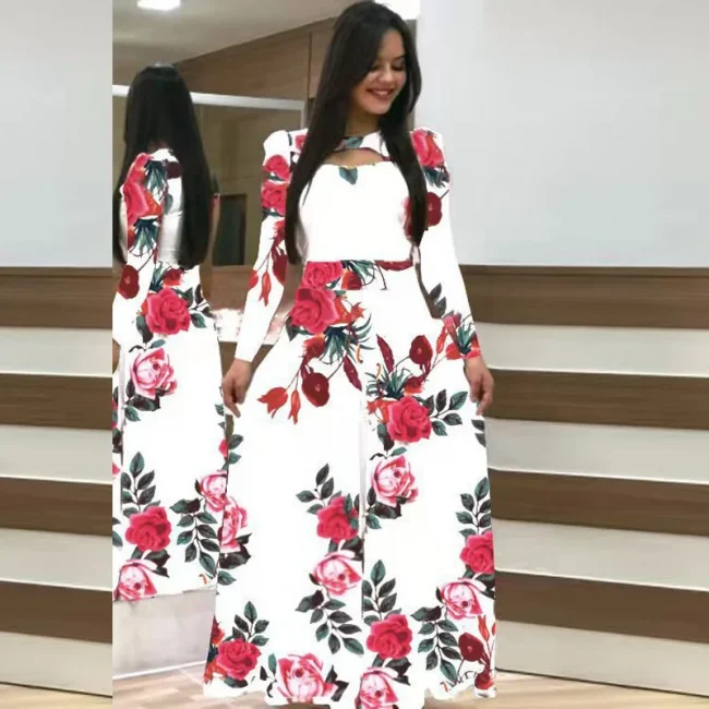 Spring /Autumn Fashion Flower Long Sleeved O-Neck Hollow Slim Fit Dress Women Elegant Long Vestido Maxi Clothes Robe Sexy Femme 5