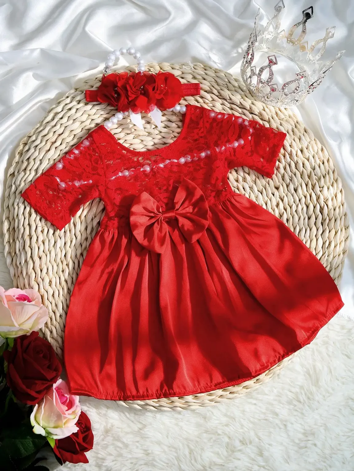 Ylsteed Newborn Photography Outfits Big Bowknot Lace Dress with Floral Headband Baby Girl Shooting Props 3