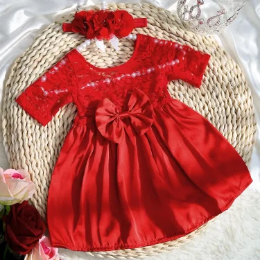 Ylsteed Newborn Photography Outfits Big Bowknot Lace Dress with Floral Headband Baby Girl Shooting Props 3