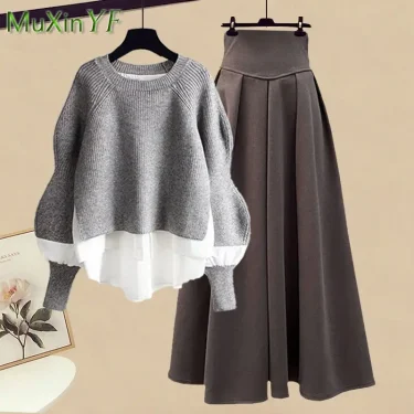 2023 Autumn/Winter New Korean Elegant Splice Fake Two Piece Knitted Sweater Dress Matching Set Women's Chic Pullover Skirt Set 4