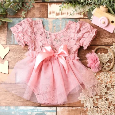 Ylsteed Purple Dusty Pink Newborn Lace Photography Outfits Big Bow Mesh Romper with Hairband Baby Girl Photography Clothes 6