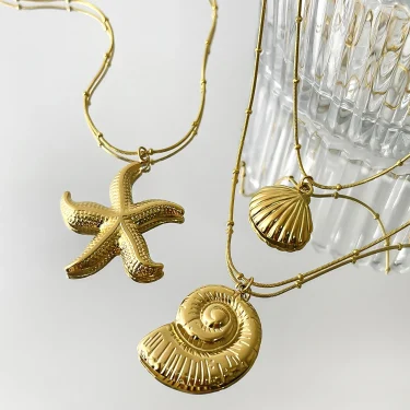 Peri'sbox Minimalist Starfish Stripe Conch Scallop Shaped Pendant Necklace for Women Waterproof Trend Jewelry Summer Beach Party 4