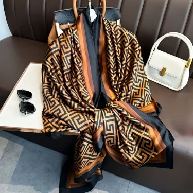 Coffee Color Large Silk Soft Scarf Women Stylish Print Long Shawl Handkerchief Summer Elegant Travel Wrap Hot 180x90cm 1
