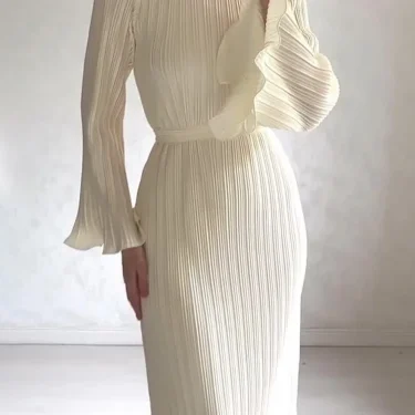 LANMREM Elegant Pleated Dress Women Round Neck Belt Gathered Waist Solid Color Long Dresses Party Spring New 32C330 2