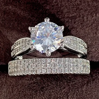 Charm Women Rings Silver Color Round Classic Design White Stone Rings Set Wedding Party Accessories Gift 1