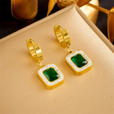 DIEYURO 316L Stainless Steel Luxury Non-fading Square Green Crystal Zircon Pendant Necklace Earrings Jewelry Set For Women Gifts 5
