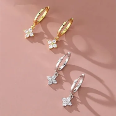925 Silver Needle Zircon Four Leaf Hoop Earrings for Women Girls Fashion Huggies Party Wedding Jewelry Gift eh190 1