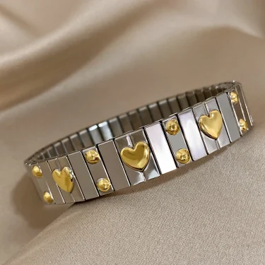 AENSOA Vintage Elasticity Stainless Steel Bangles Bracelet for Women Classic Heart Square Adjustable Wristband Waterproof Bangle 5