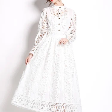 Autumn Crochet Lace Embroidery Hollow Out 3 Pieces Sets Women Loose Shirt Top Lining and Elastic Waist Maxi Robe Skirt Suit 4