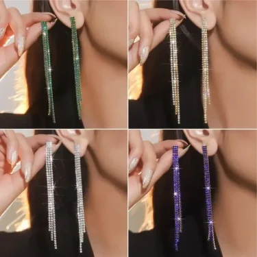 FYUAN Long Tassel Rhinestone Drop Earrings for Women Green Blue Gold Silver Color Crystal Dangle Earring Party Wedding Jewelry 1