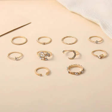 10Pcs Rings Suit For Women Gold-color Chain Ring Set Bohemian Style Coin Snake Moon Star Party Leaves Love Trend Gift Jewelry 3
