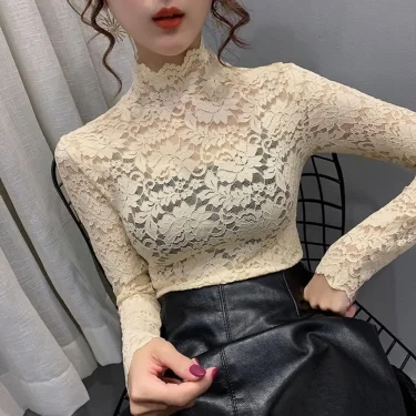 Women Blouse Half High Collar Long Sleeves Lace Top See-Through Slim Lace Crochet Patchwork Hollow Lady Tee Top Streetwear 2