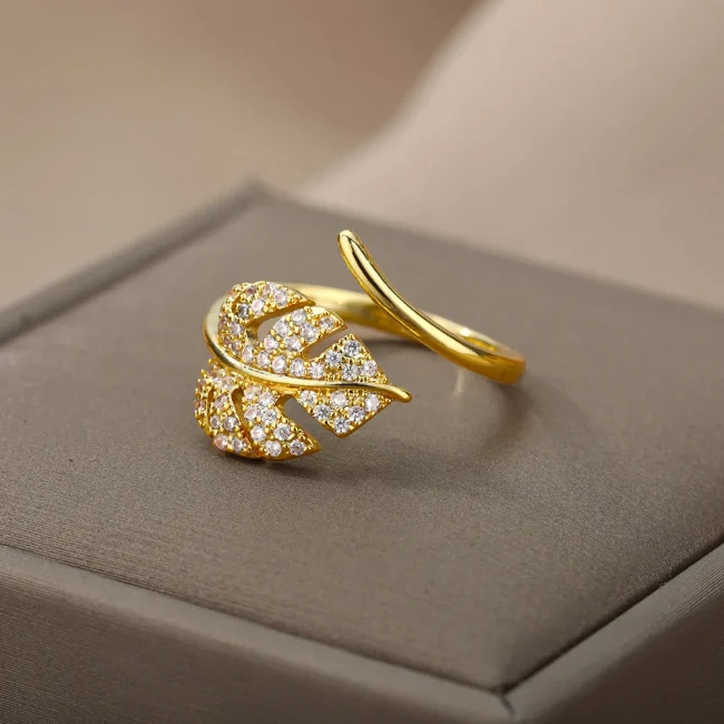 Fashion Palm Leaf Shape Rings For Women Stainless Steel Color Zircon Adjustable Finger Ring Party Jewelry Gift Bijoux Femme 5