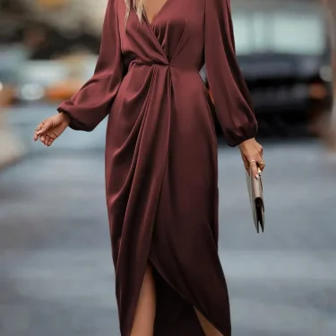 2023 Autumn and Winter New European and American Fashion Solid Color Waist Slit V-Neck Long Sleeve Dress for Women long dresses 3