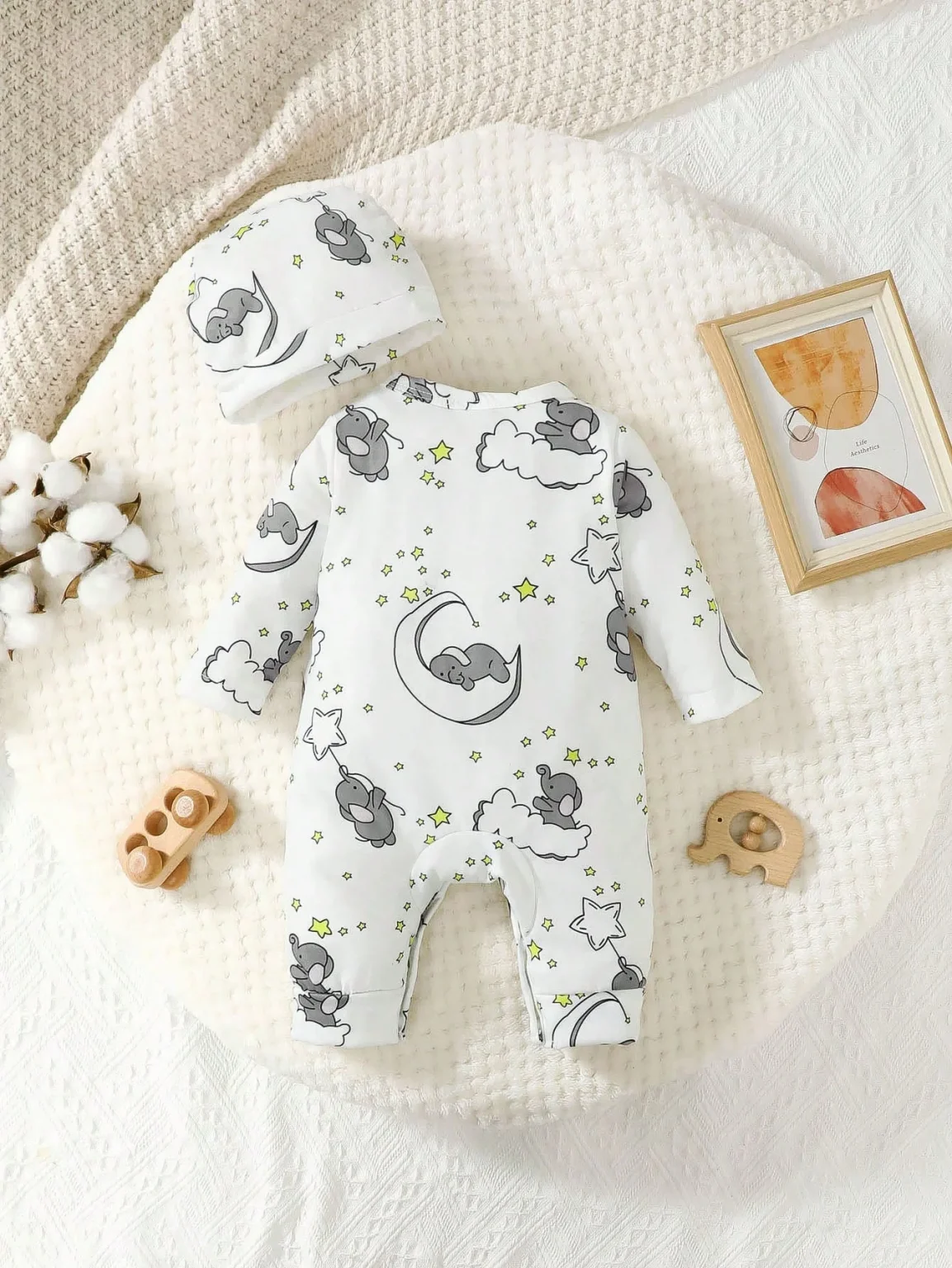 2pcs Baby Cute Cartoon Elephant Pattern Embroidery Long Sleeve Romper With Hat 2
