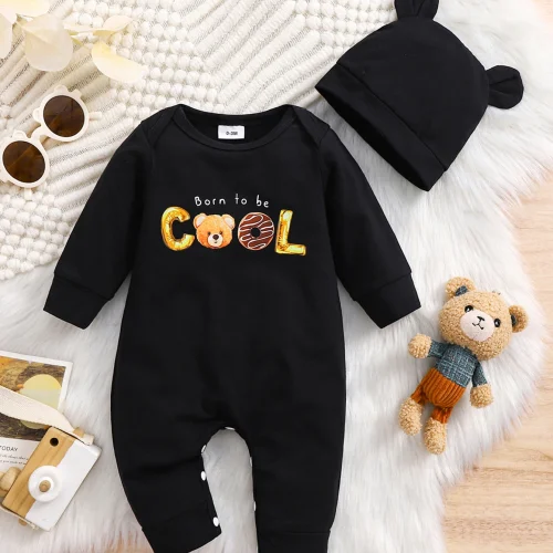 Autumn Newborn Baby Boys Romper with Hat ‘’Born to be COOL‘’ Cartoon Bear Print Long Sleeve Infant Jumpsuit Clothes 1